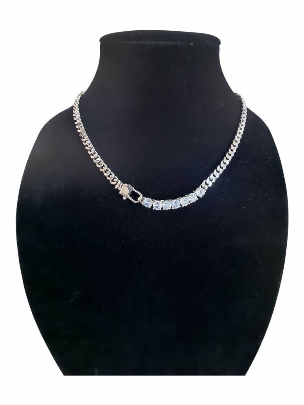 Cuban Link Necklace Silver Tone with Rhinestone Detail